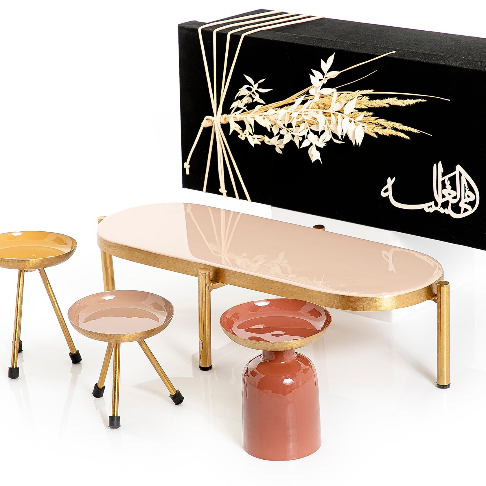 Set of metal tray stand with 3 small stand and gift box