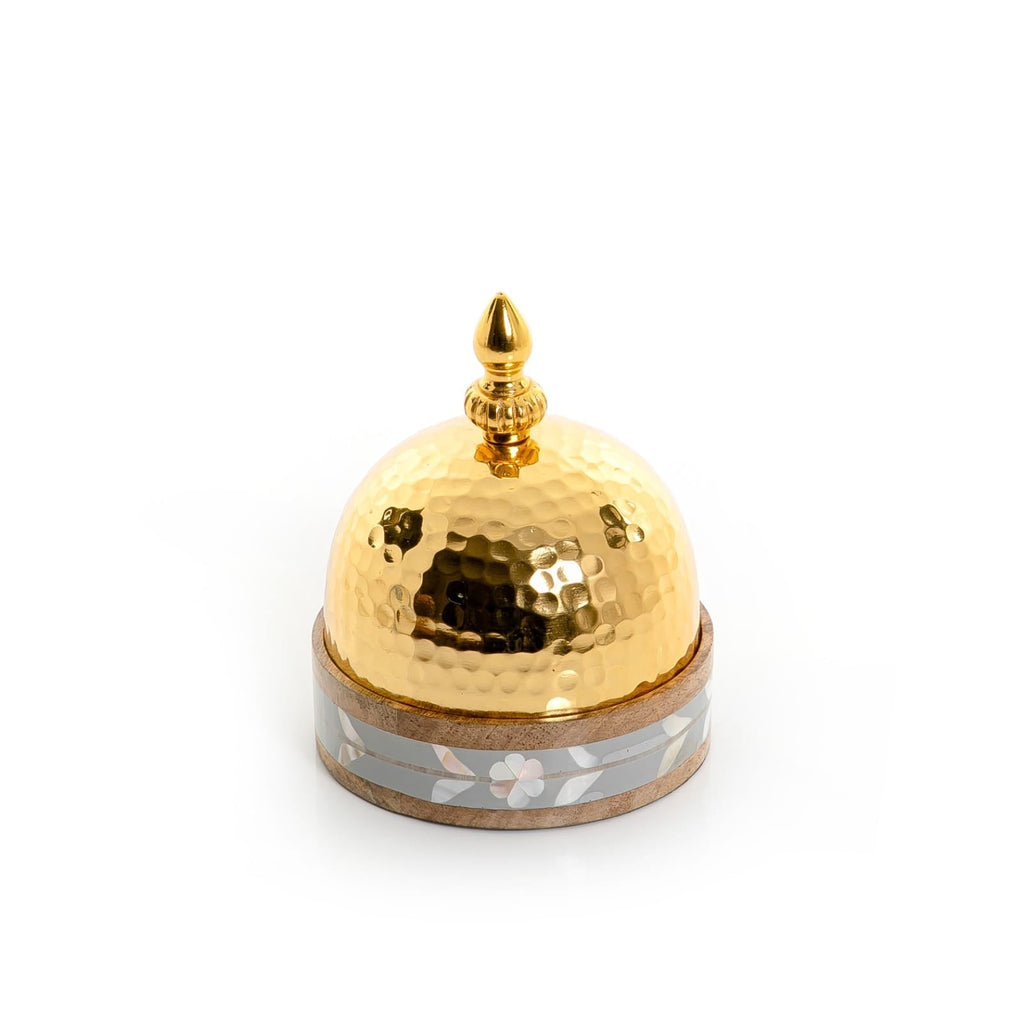 Bowl with metal cover and wooden base with mother of pearl