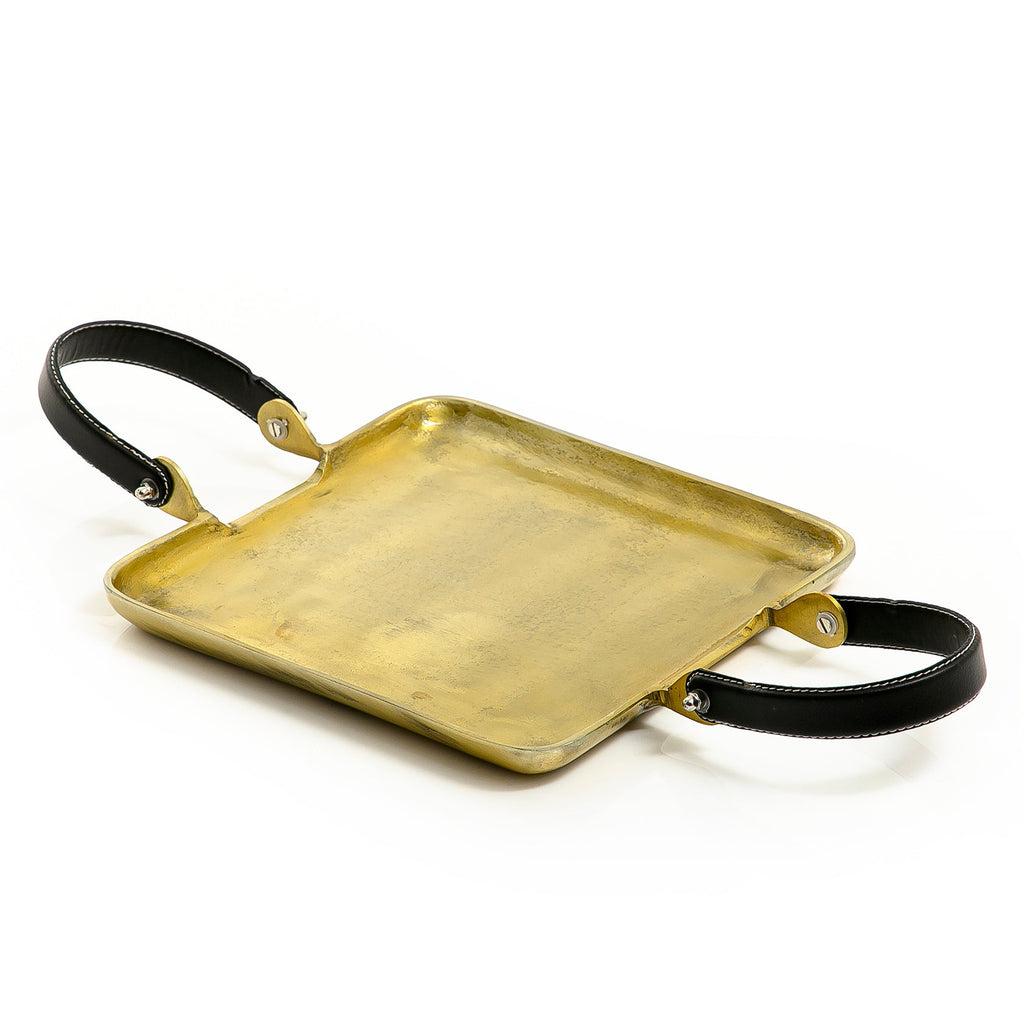 Metal tray with leather handle