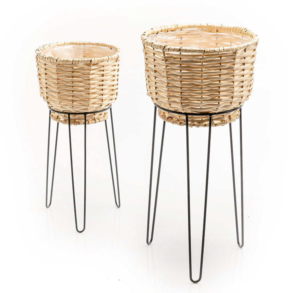 Set of 2 rattan planter with metal stand