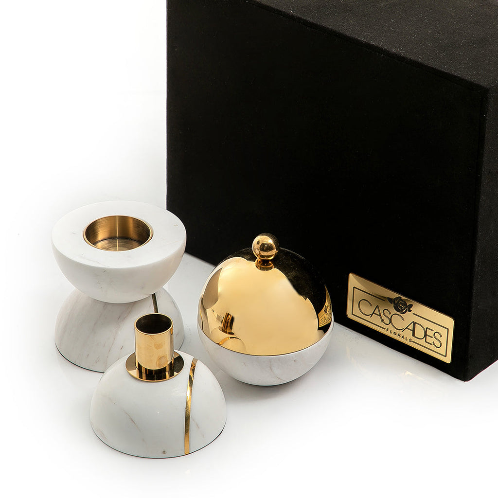 Set of marble mabkhar and candle holder with gift box