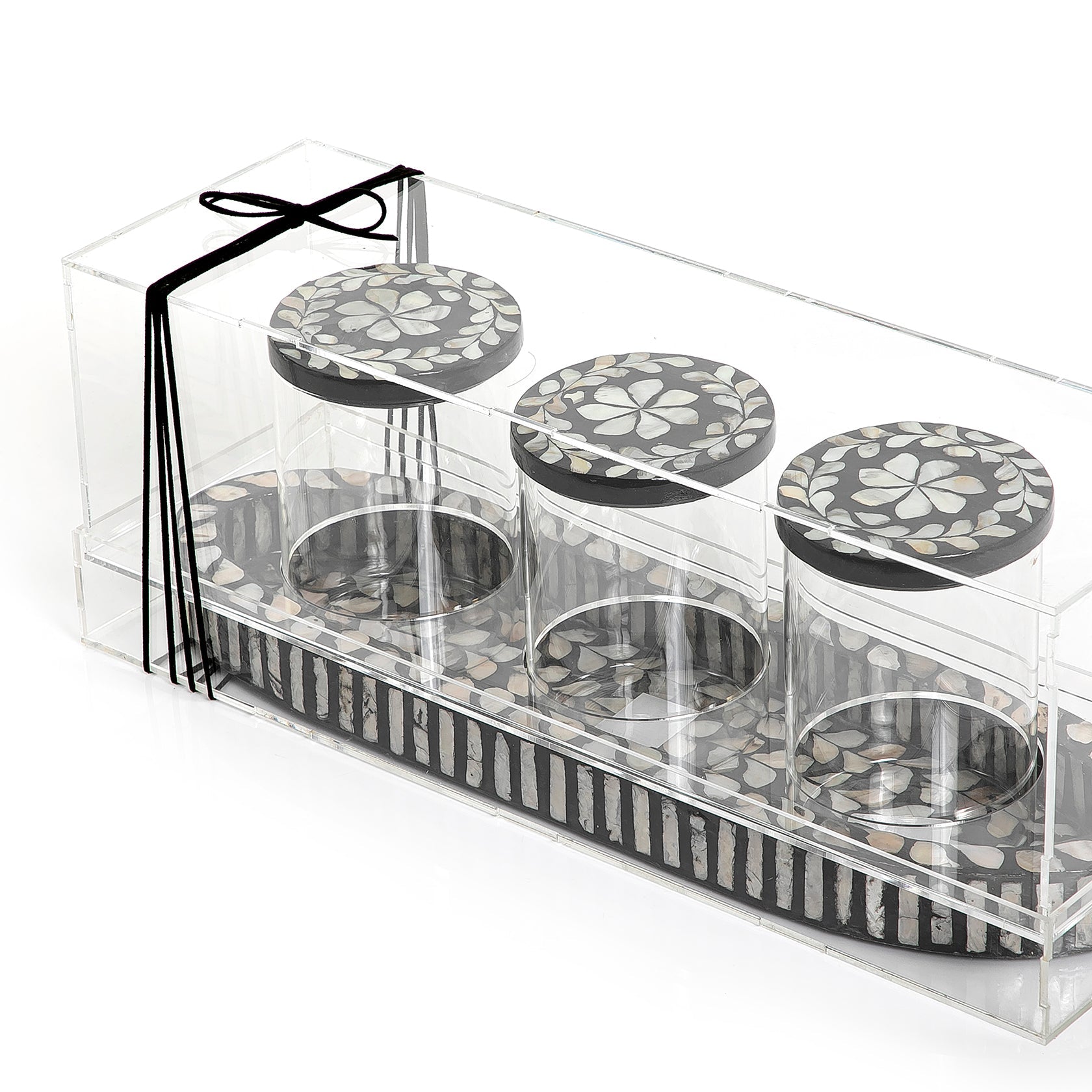 Set of 3 jars with mother of pearl tray and acrylic cover