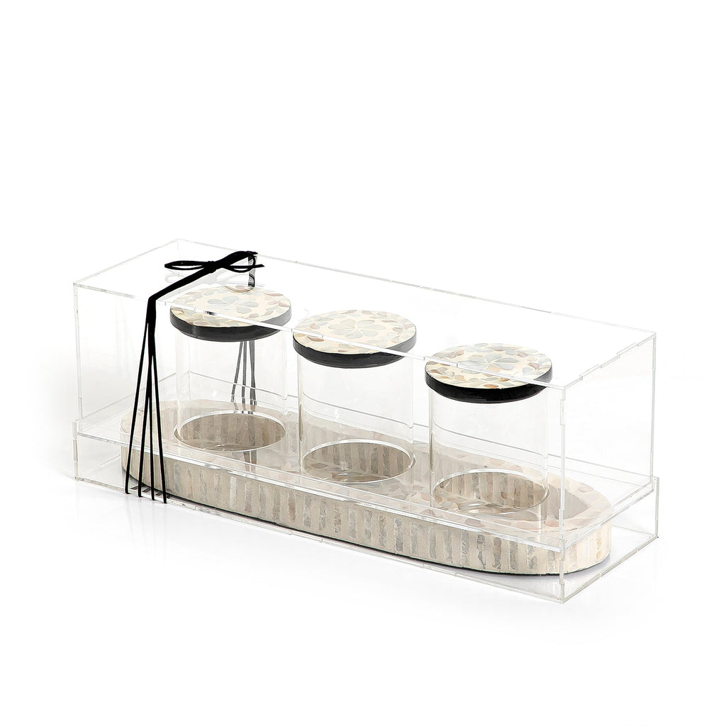 Set of 3 jars with mother of pearl tray and acrylic cover