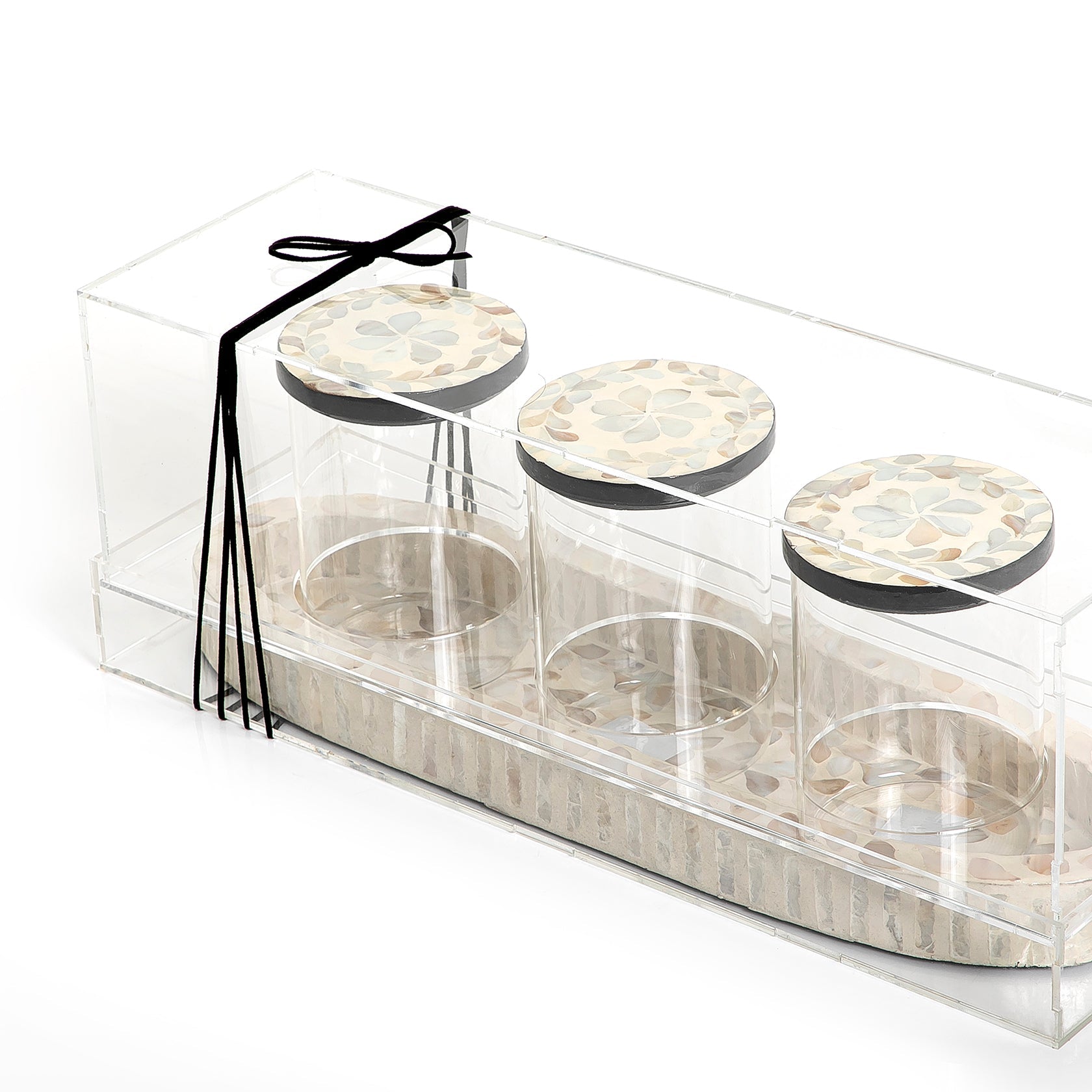 Set of 3 jars with mother of pearl tray and acrylic cover