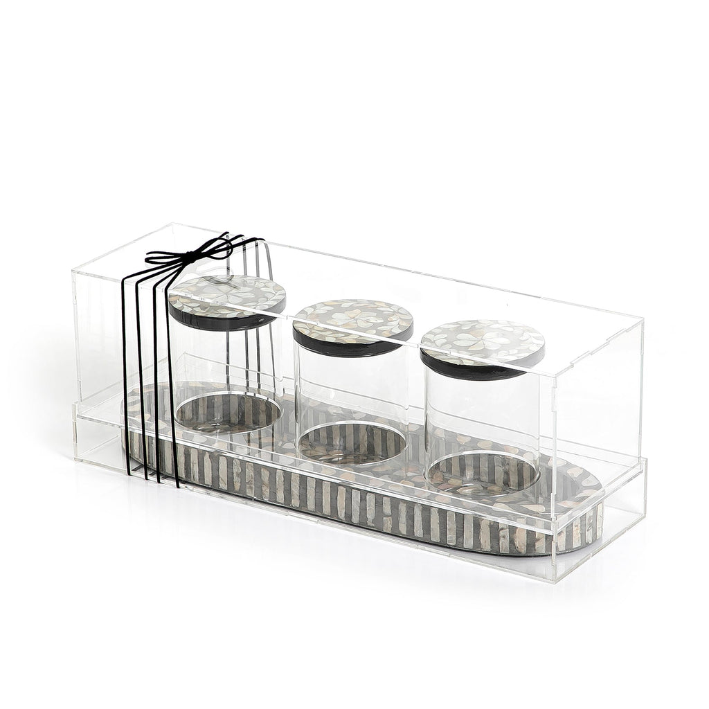 Set of 3 jars with mother of pearl tray and acrylic cover