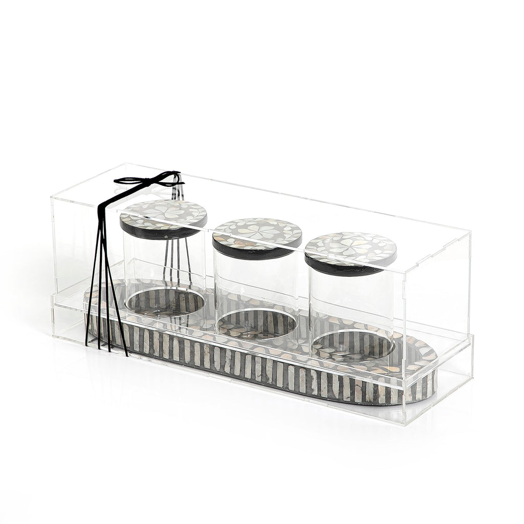 Set of 3 jars with mother of pearl tray and acrylic cover