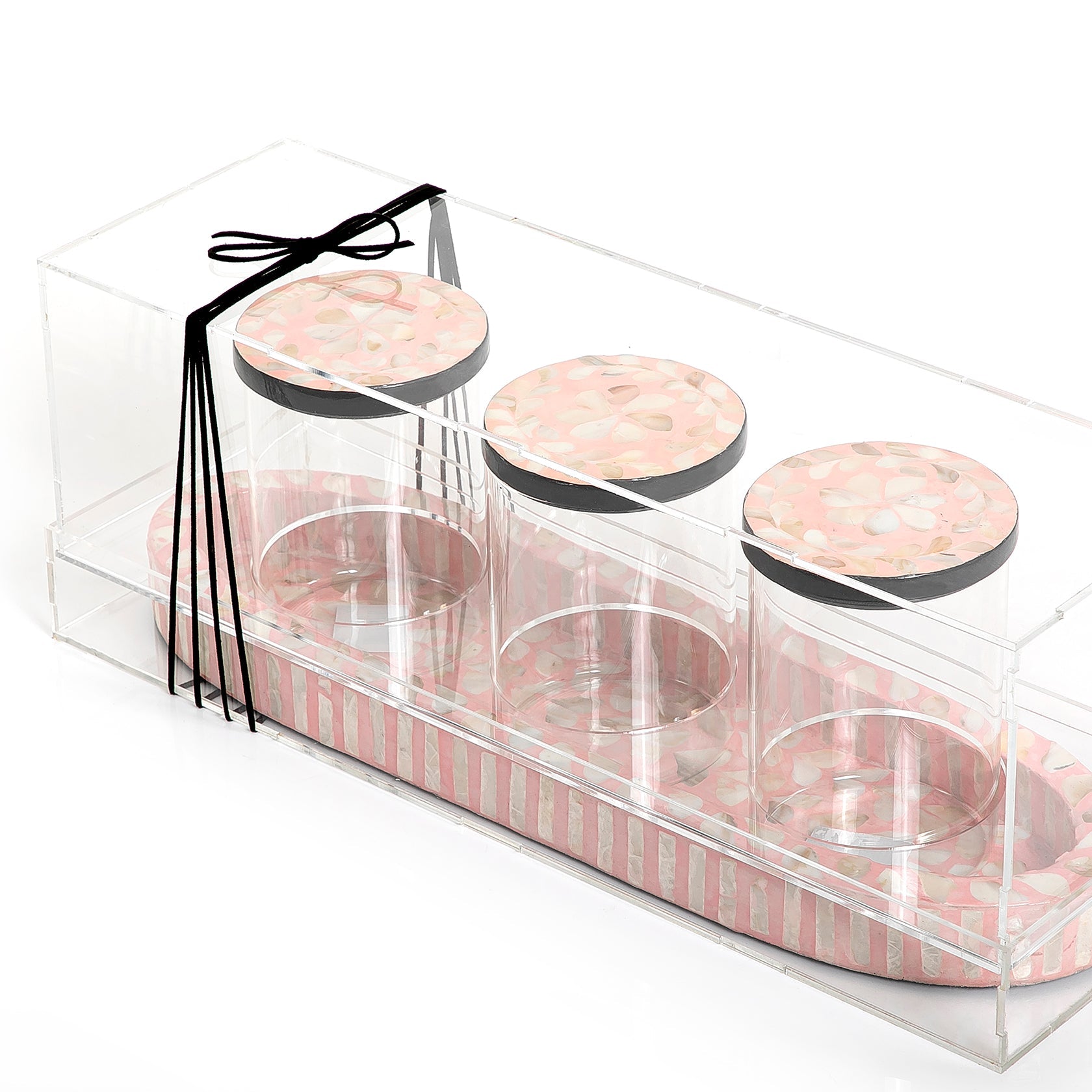 Set of 3 jars with mother of pearl tray and acrylic cover
