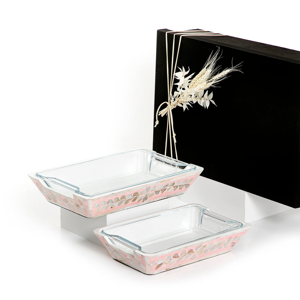 Set of 2 mother of pearl bowls with glass and gift box