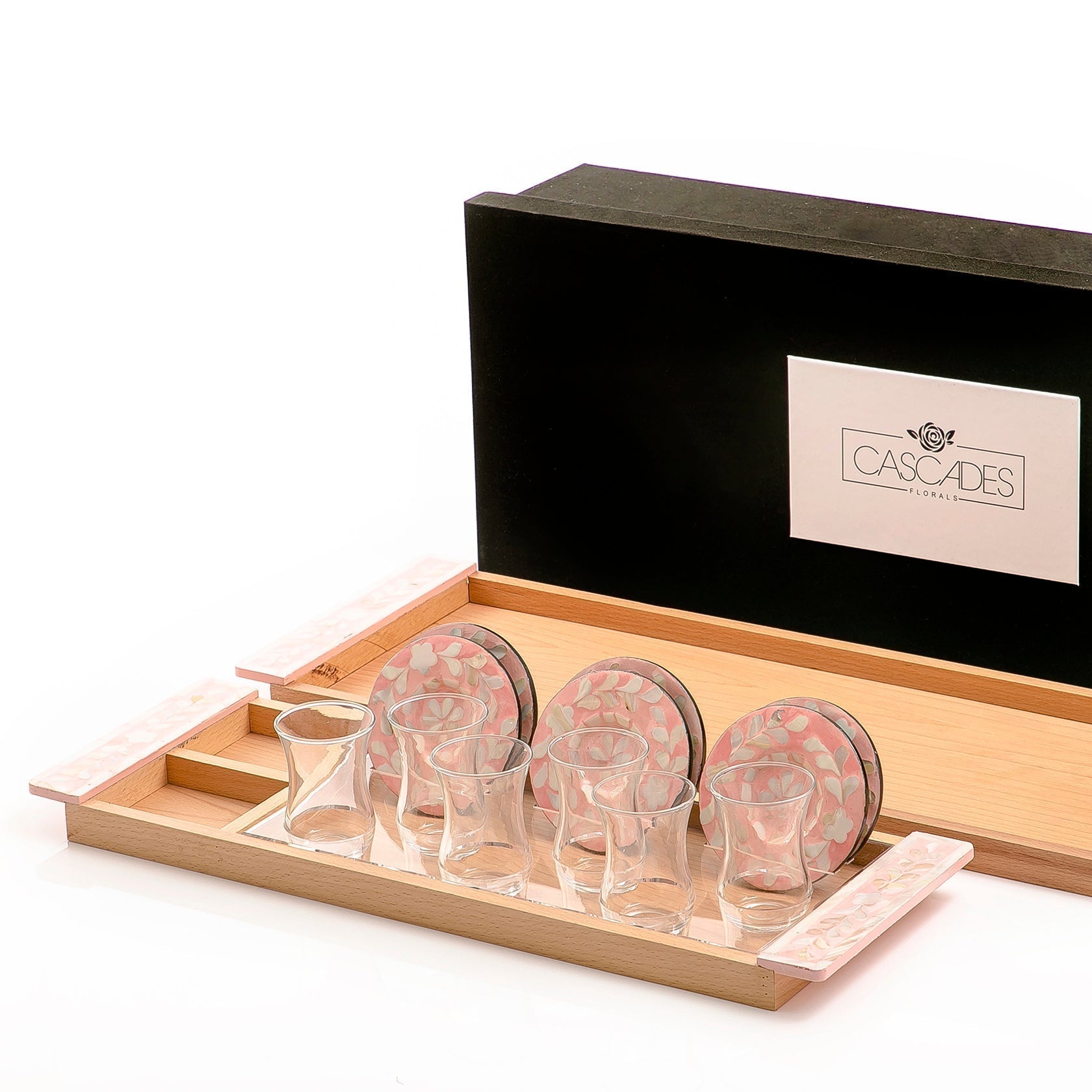 Set of 2 wooden trays with M.O.P coasters and glasses