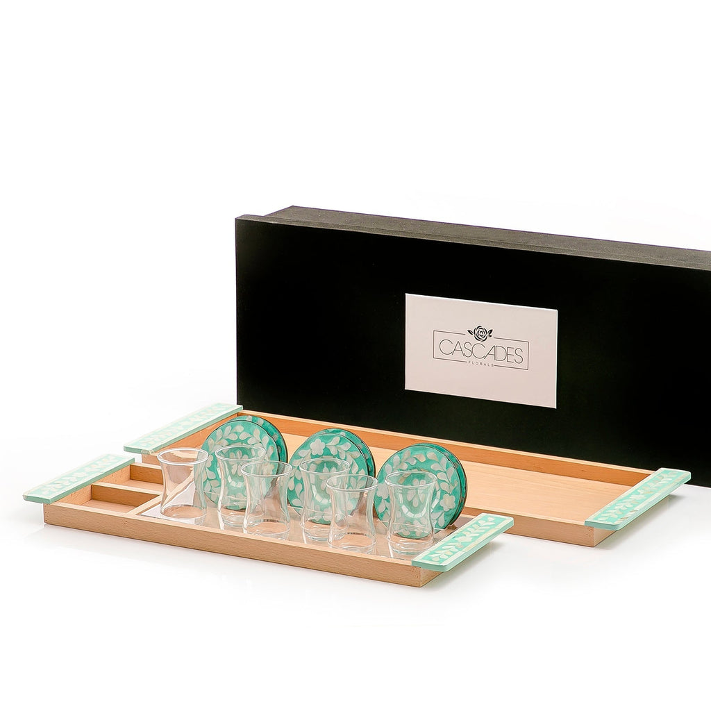 Set of 2 wooden trays with M.O.P coasters and glasses