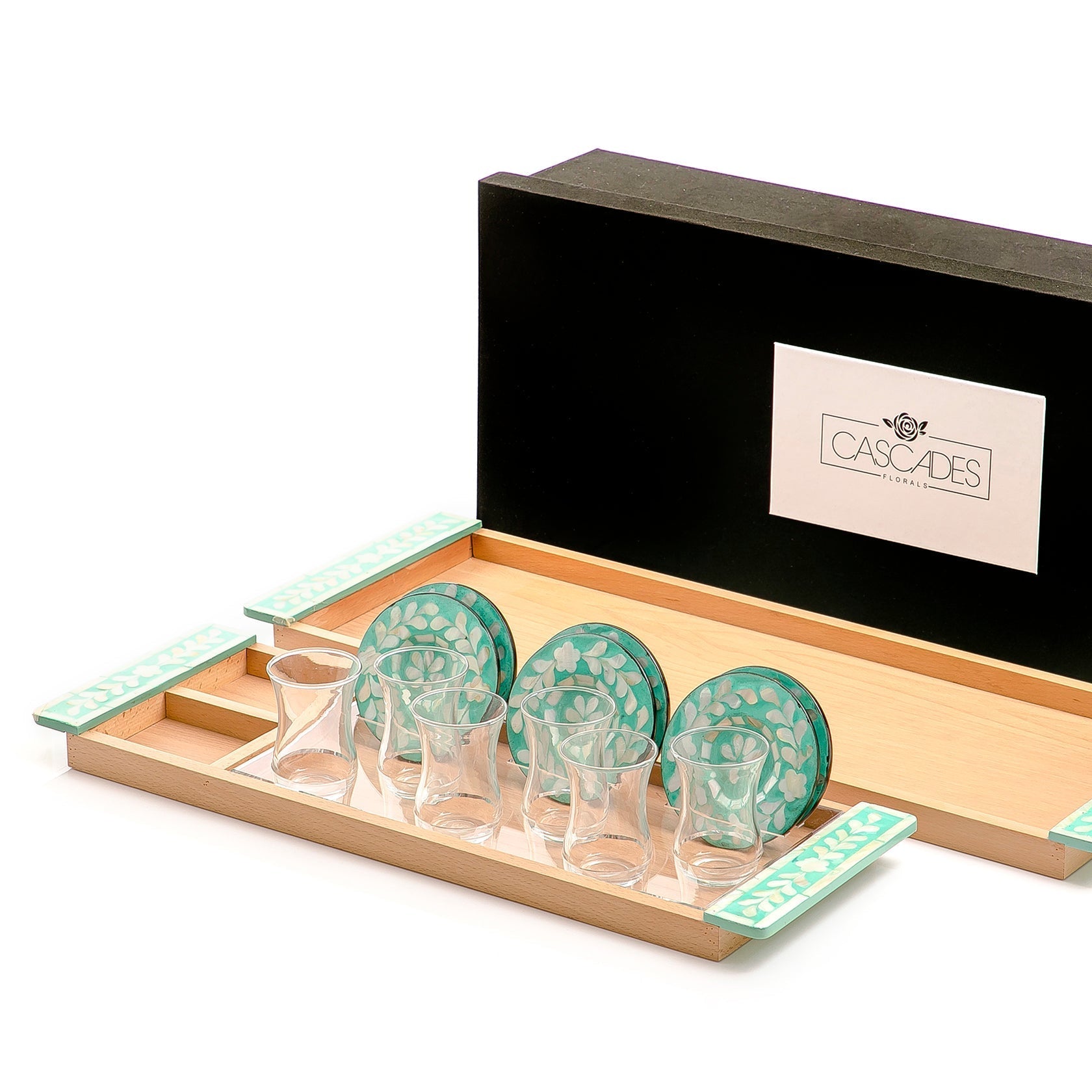 Set of 2 wooden trays with M.O.P coasters and glasses