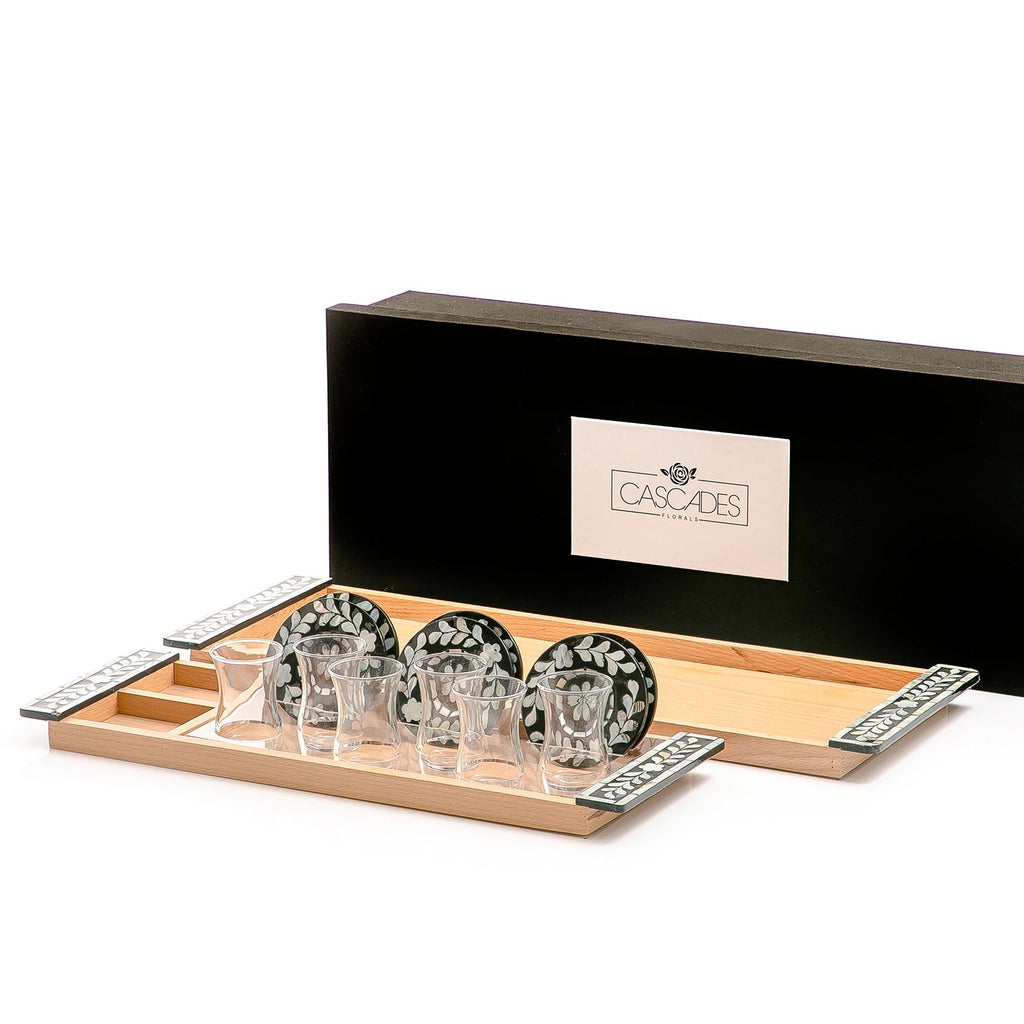 Set of 2 wooden trays with M.O.P coasters and glasses