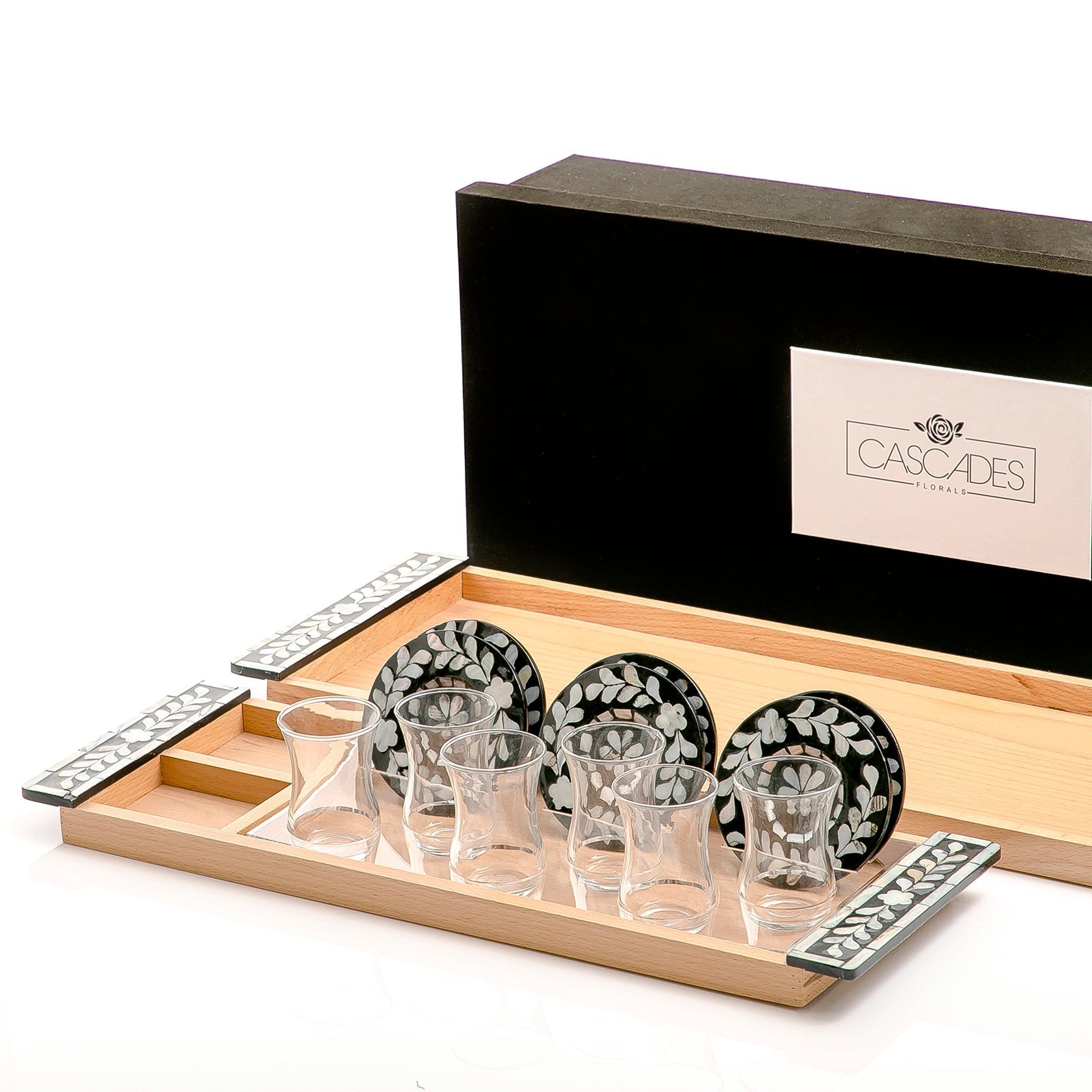 Set of 2 wooden trays with M.O.P coasters and glasses