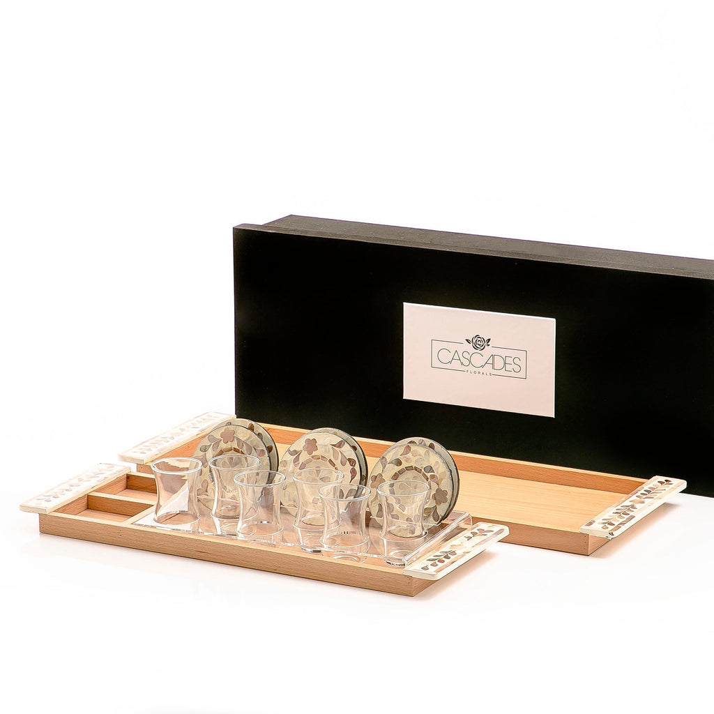 Set of 2 wooden trays with M.O.P coasters and glasses