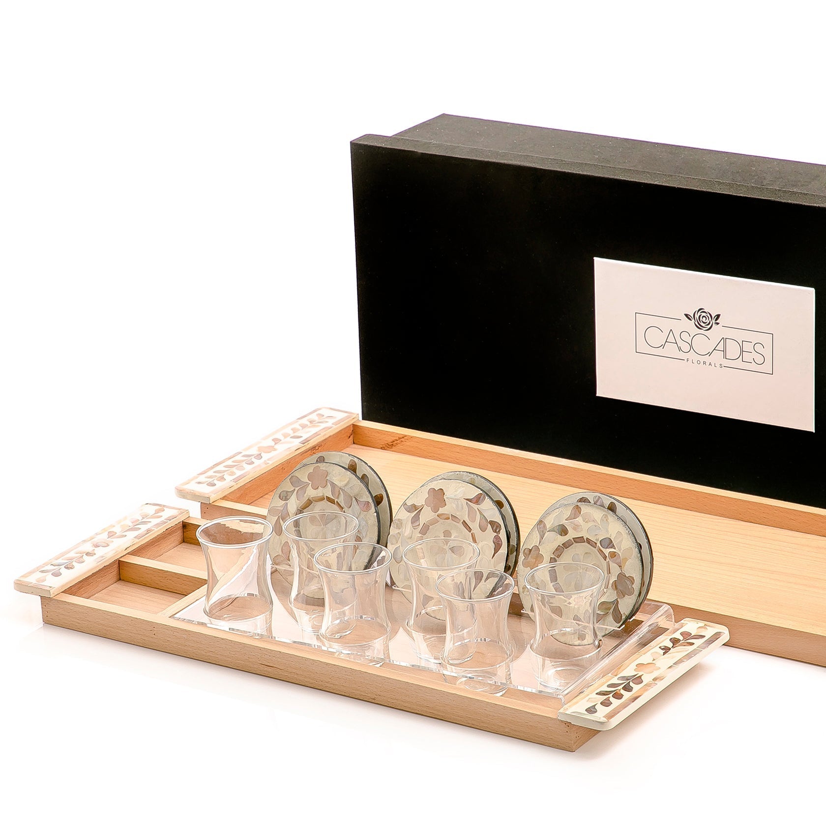 Set of 2 wooden trays with M.O.P coasters and glasses