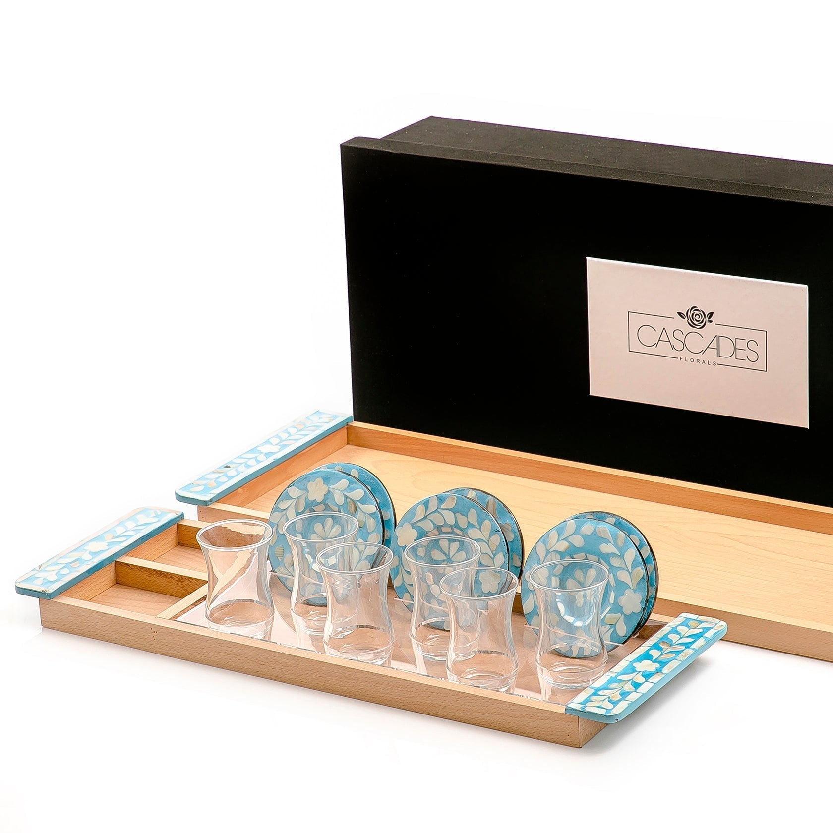 Set of 2 wooden trays with M.O.P coasters and glasses