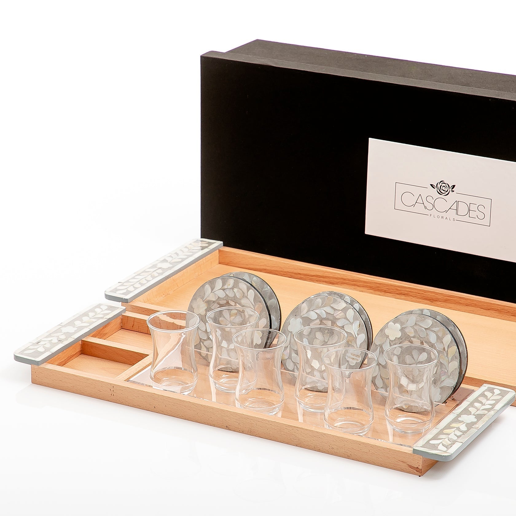 Set of 2 wooden trays with M.O.P coasters and glasses