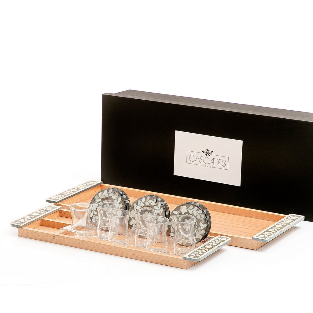 Set of 2 wooden trays with M.O.P coasters and glasses