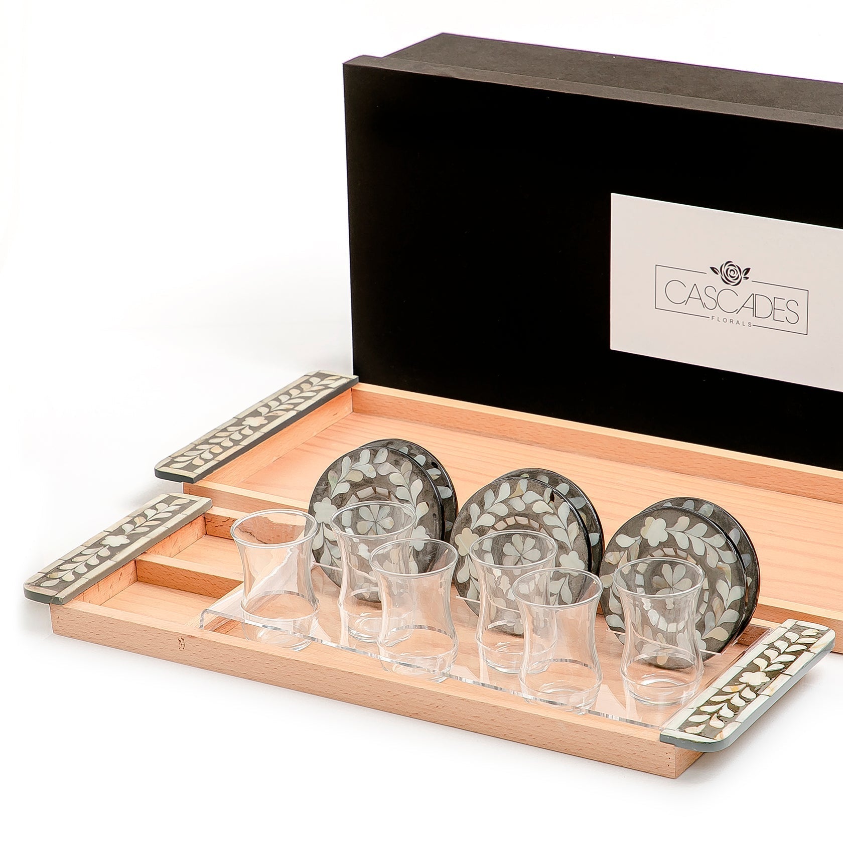 Set of 2 wooden trays with M.O.P coasters and glasses