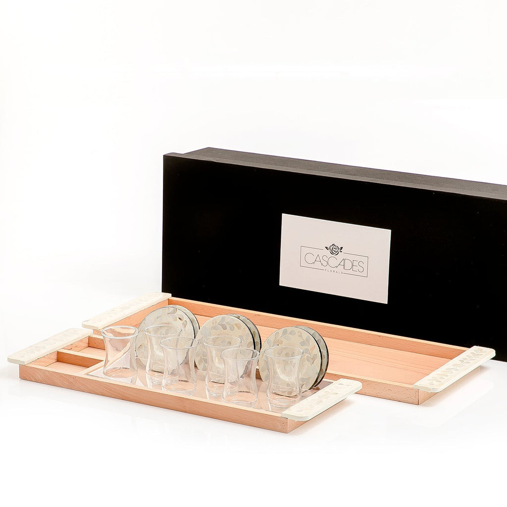 Set of 2 wooden trays with M.O.P coasters and glasses
