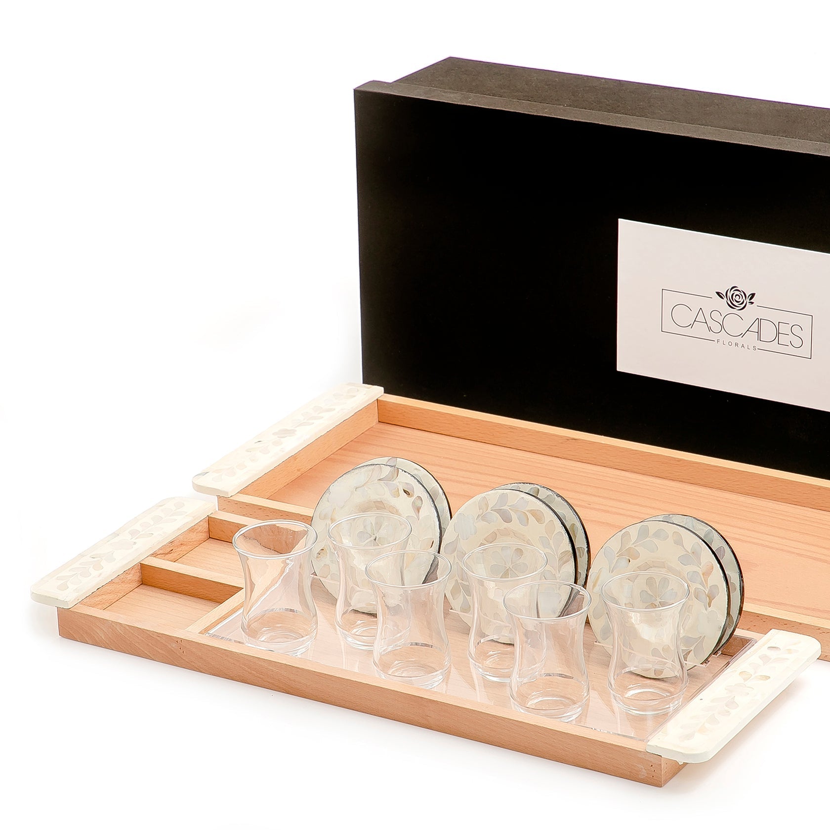 Set of 2 wooden trays with M.O.P coasters and glasses