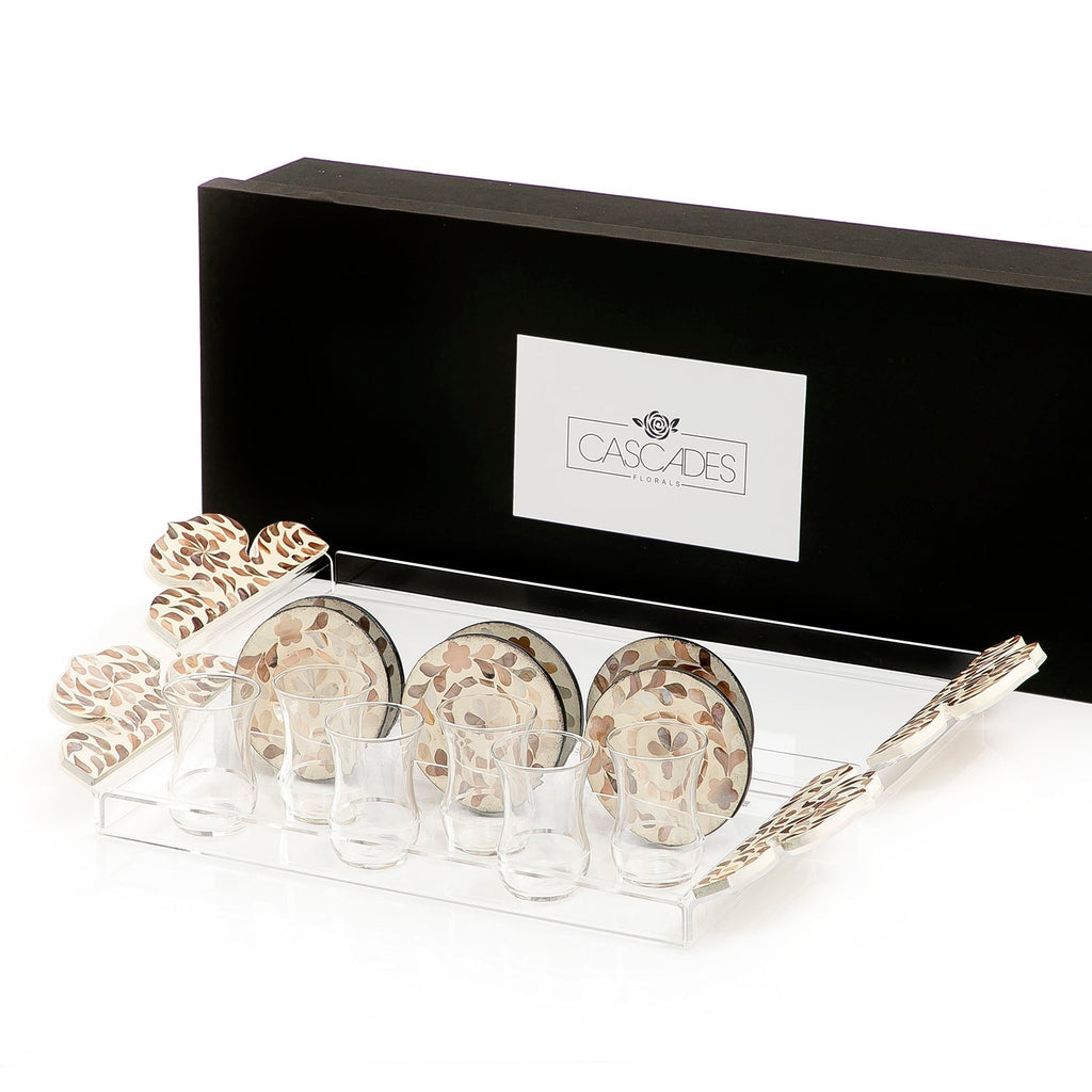 Set of 2 acrylic trays with M.O.P coasters and glasses