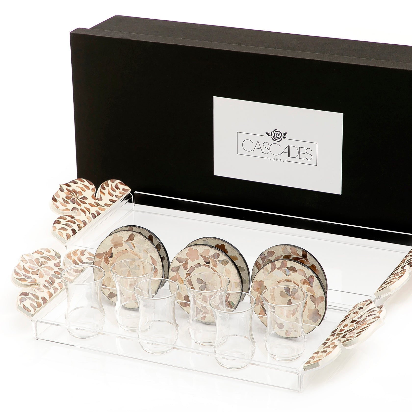 Set of 2 acrylic trays with M.O.P coasters and glasses