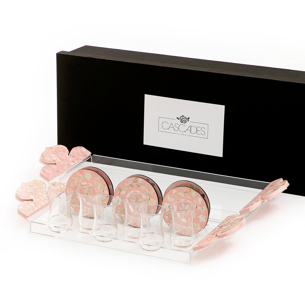 Set of 2 acrylic trays with M.O.P coasters and glasses