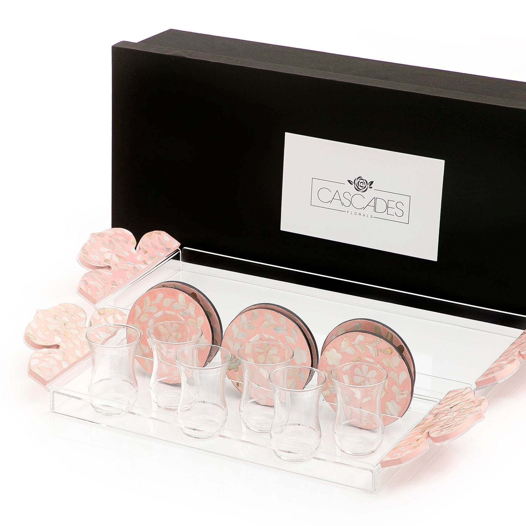 Set of 2 acrylic trays with M.O.P coasters and glasses