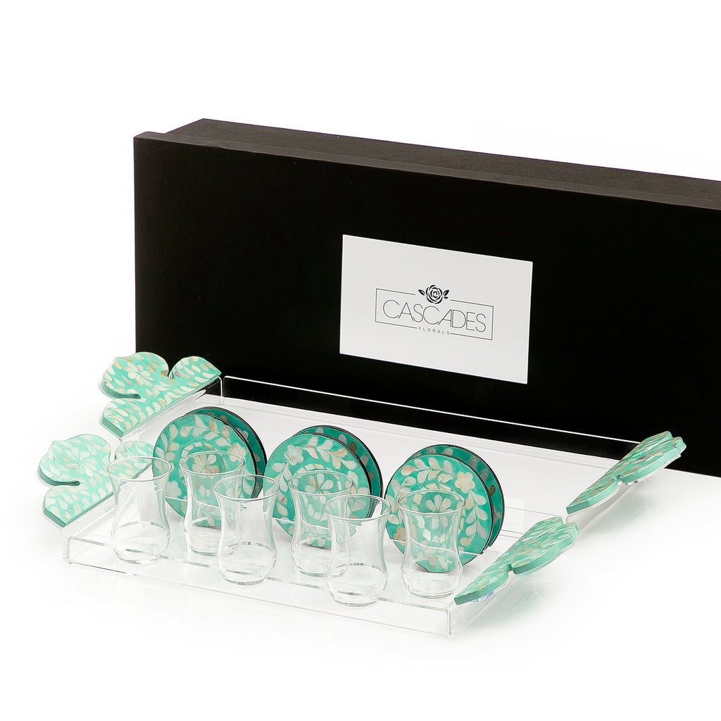 Set of 2 acrylic trays with M.O.P coasters and glasses