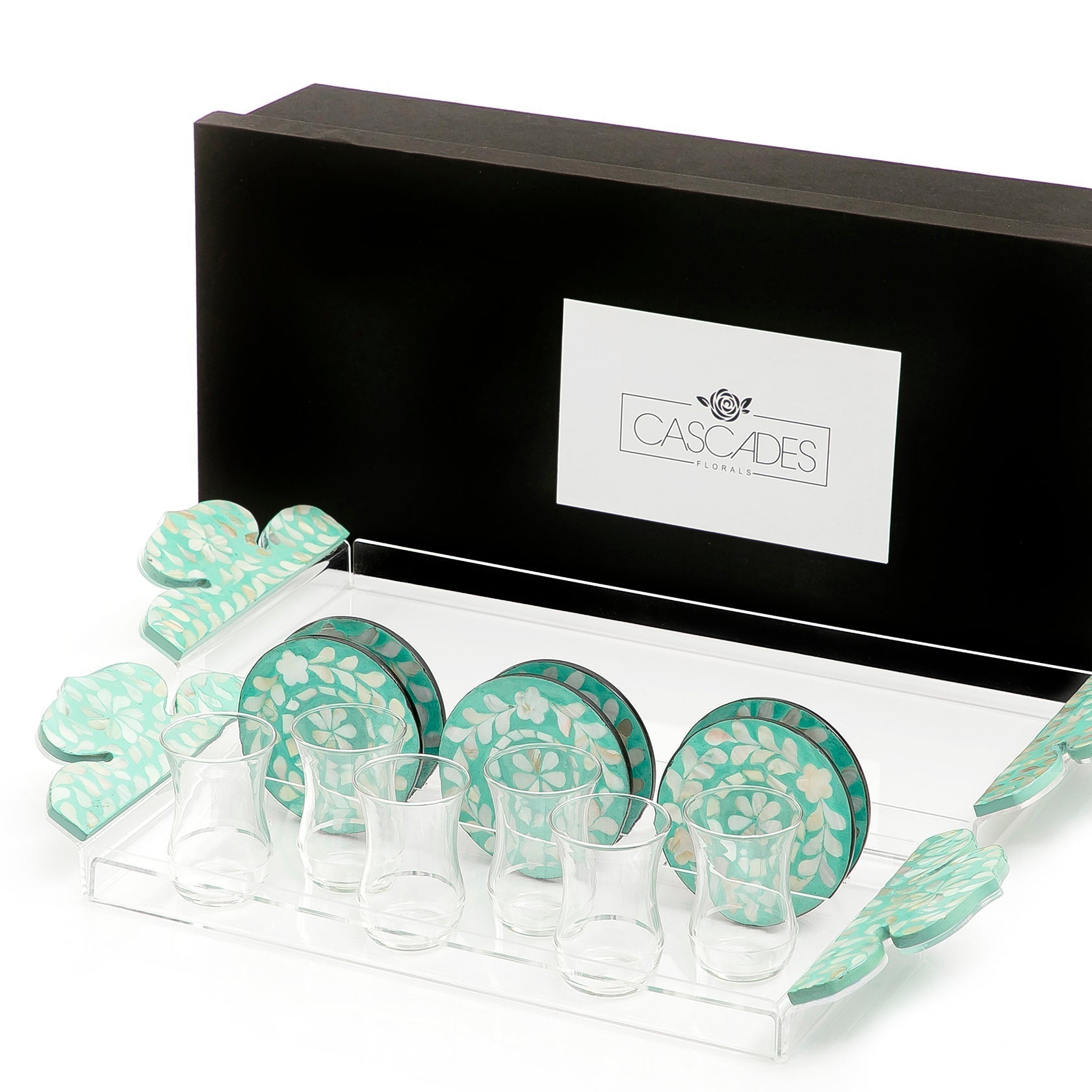 Set of 2 acrylic trays with M.O.P coasters and glasses