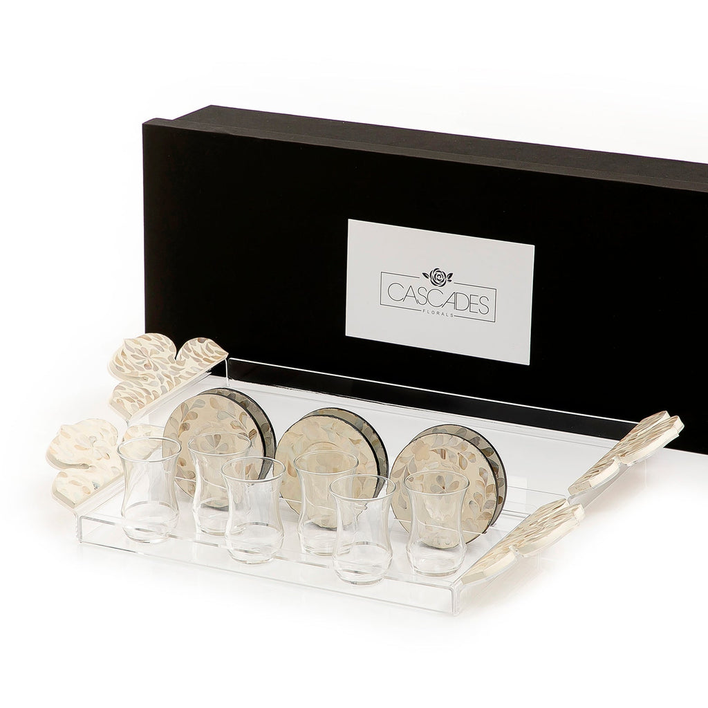 Set of 2 acrylic trays with M.O.P coasters and glasses