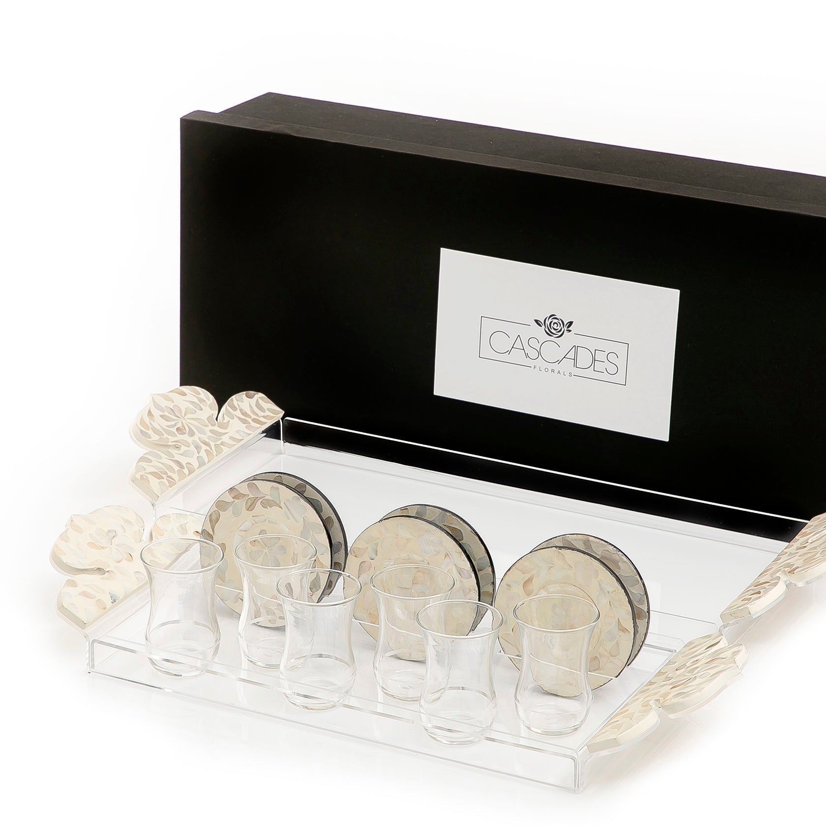 Set of 2 acrylic trays with M.O.P coasters and glasses