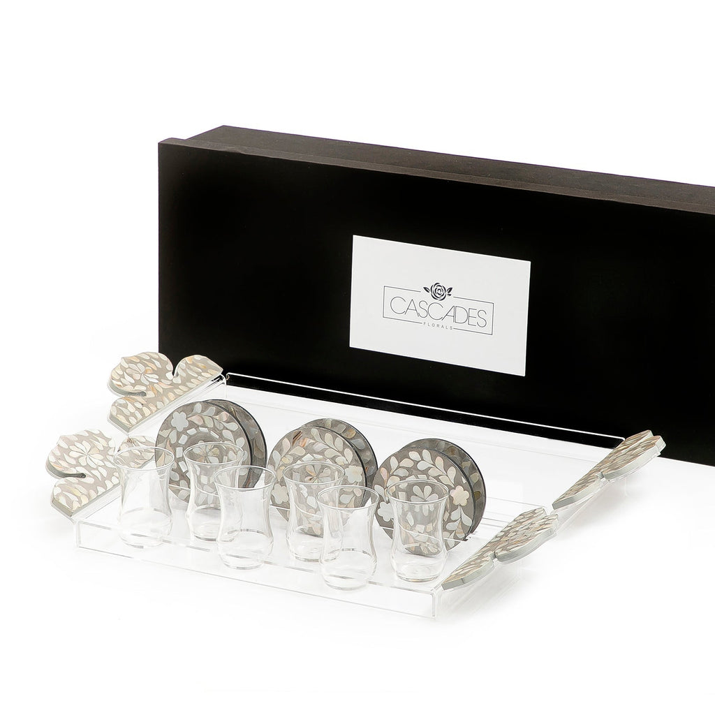 Set of 2 acrylic trays with M.O.P coasters and glasses