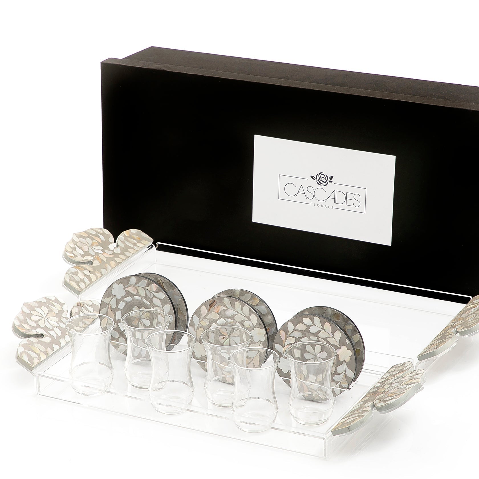 Set of 2 acrylic trays with M.O.P coasters and glasses