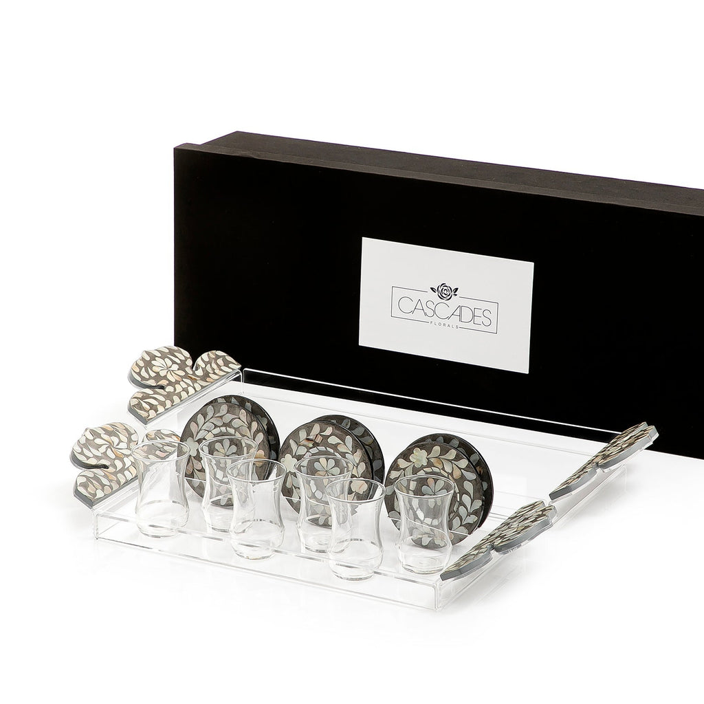 Set of 2 acrylic trays with M.O.P coasters and glasses