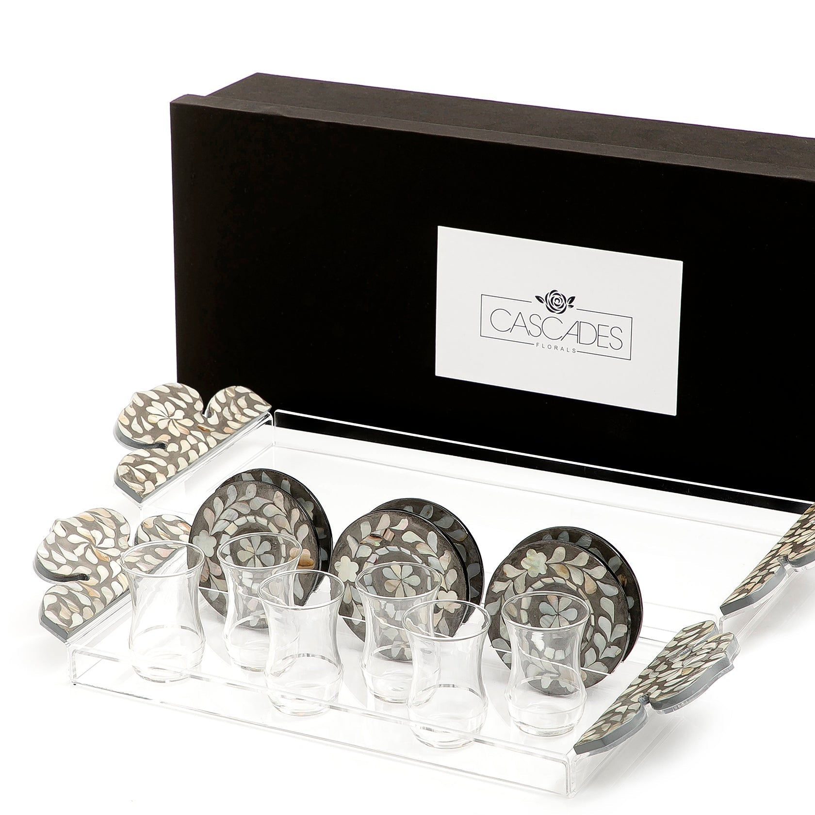 Set of 2 acrylic trays with M.O.P coasters and glasses