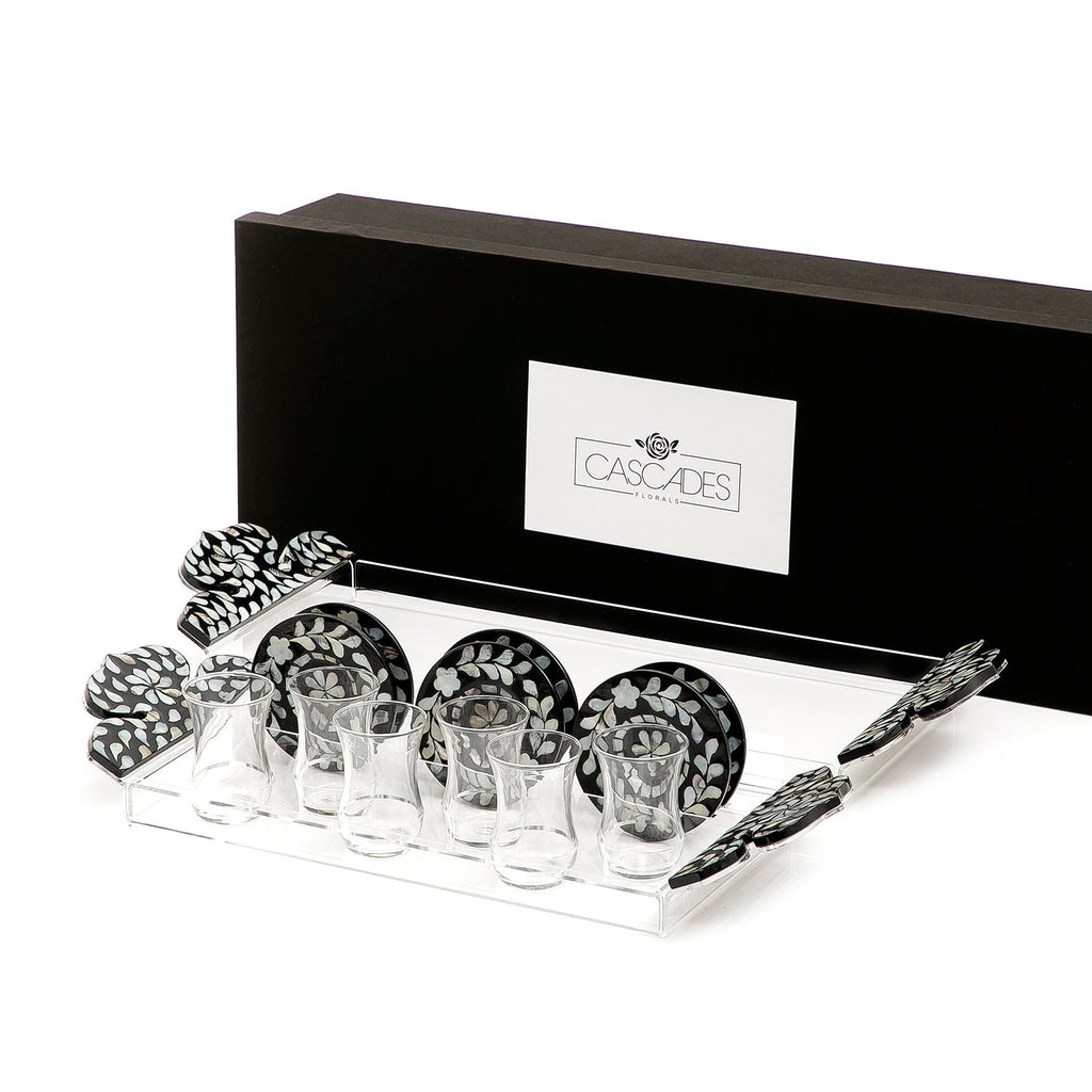 Set of 2 acrylic trays with M.O.P coasters and glasses