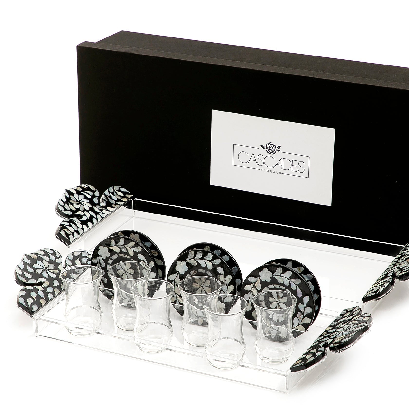 Set of 2 acrylic trays with M.O.P coasters and glasses