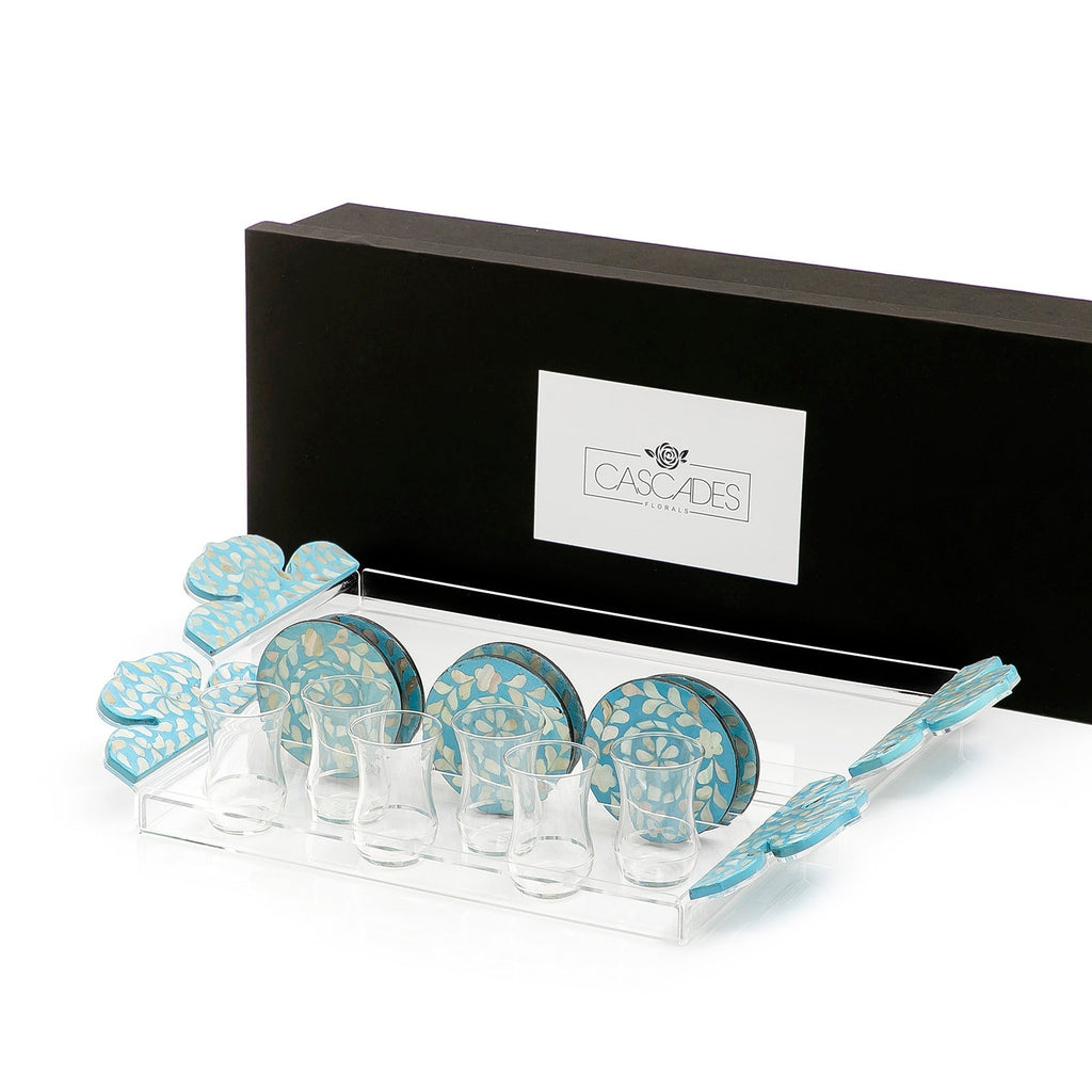 Set of 2 acrylic trays with M.O.P coasters and glasses