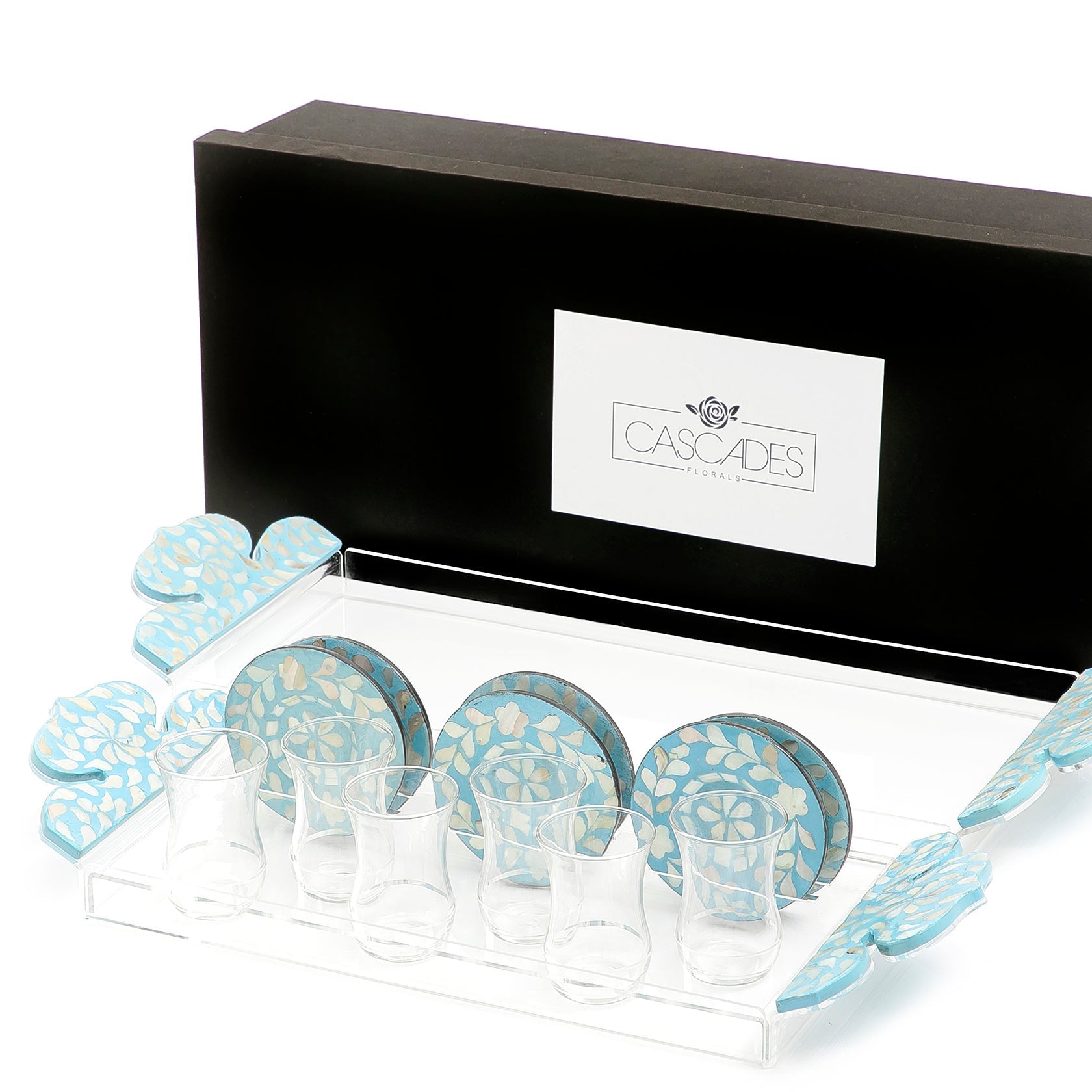 Set of 2 acrylic trays with M.O.P coasters and glasses